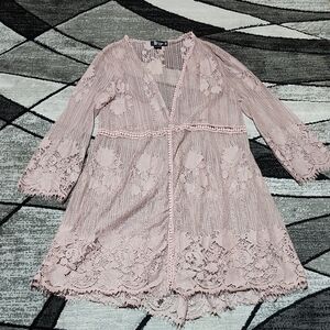 MISS CHIEVIOUS DUSTY PINK FLORAL LACE OPEN KIMONO DUSTER CARDIGAN FLYAWAY